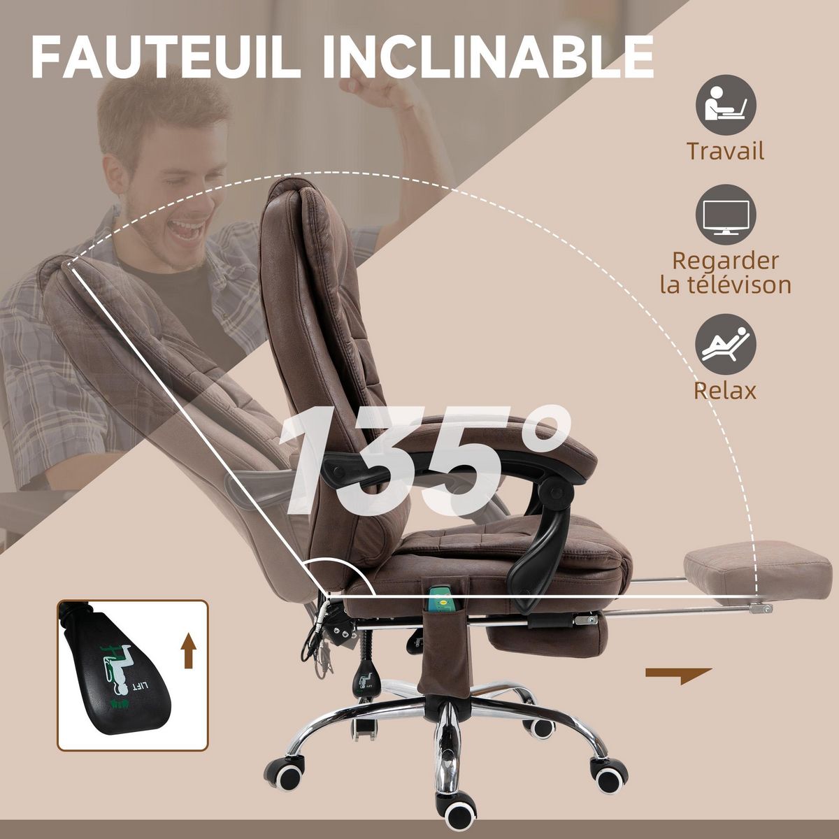 VINSETTO Fauteuil de bureau direction massant chauffant hauteur réglable dossier inclinable repose-pied rétractable tissu technique marron