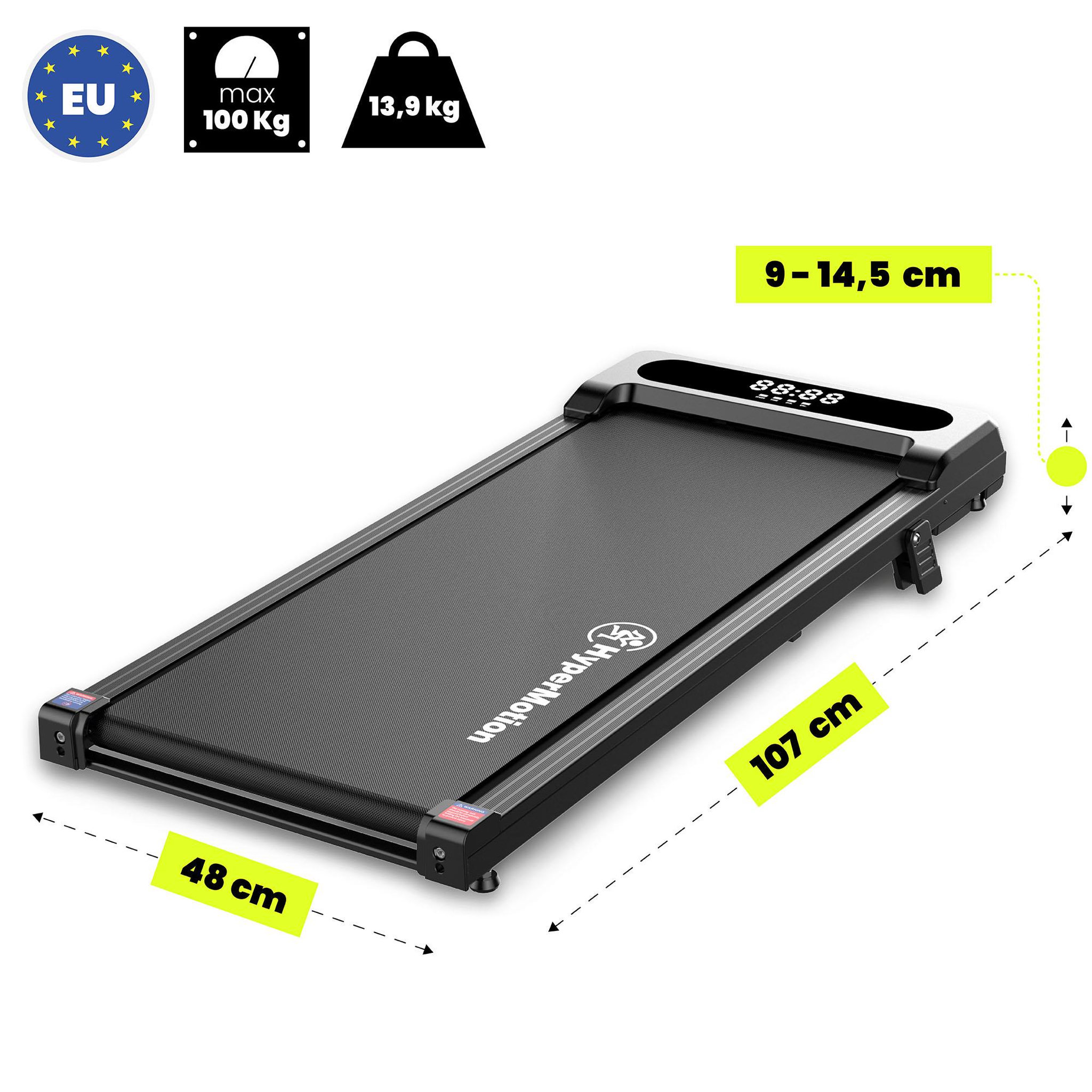 Voir la diapositive 3 : HYPERMOTION Tapis de Marche Motorisé Domicile ou Bureau Acier et ABS Ultra-Plat 6 km/h Dim 107x48cm Noir