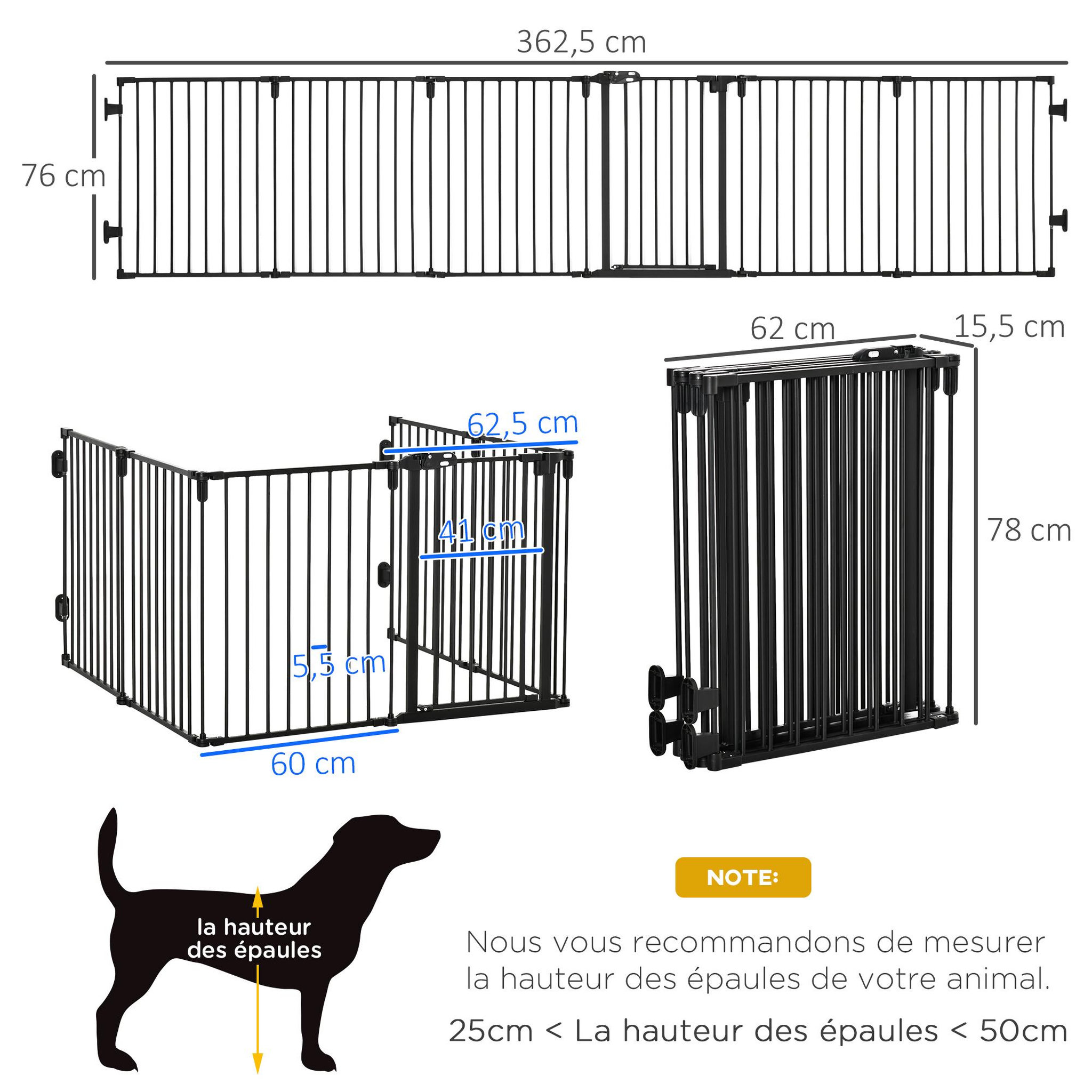 Voir la diapositive 3 : PAWHUT Pawhut barrière de sécurité - parc enclos chien modulable pliable - porte verrouillable - 6 panneaux acier et pp - dim. 362,5l max. X 76h cm noir