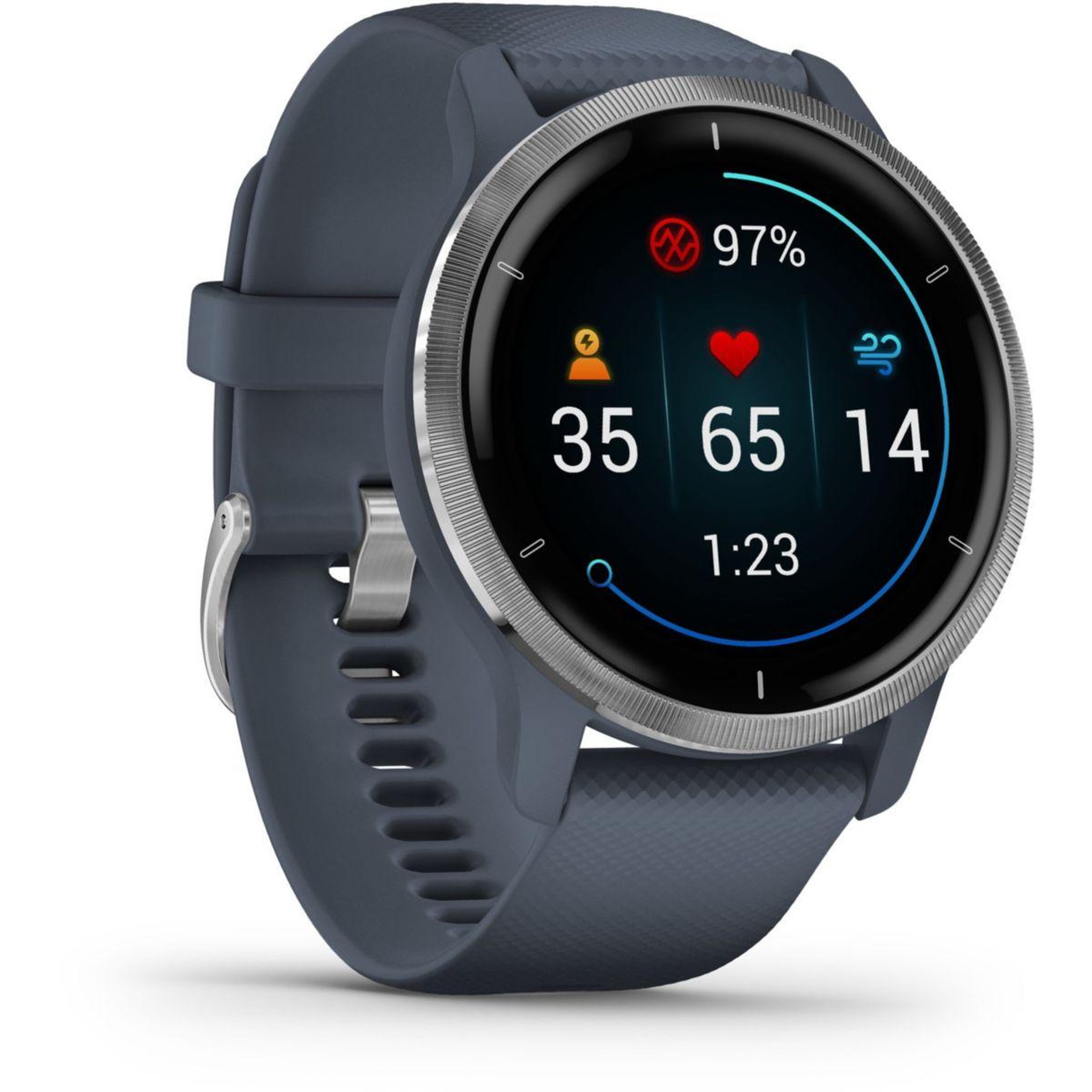 Voir la diapositive 3 : GARMIN Montre sport Venu 2 Silver avec bracelet bleu gris