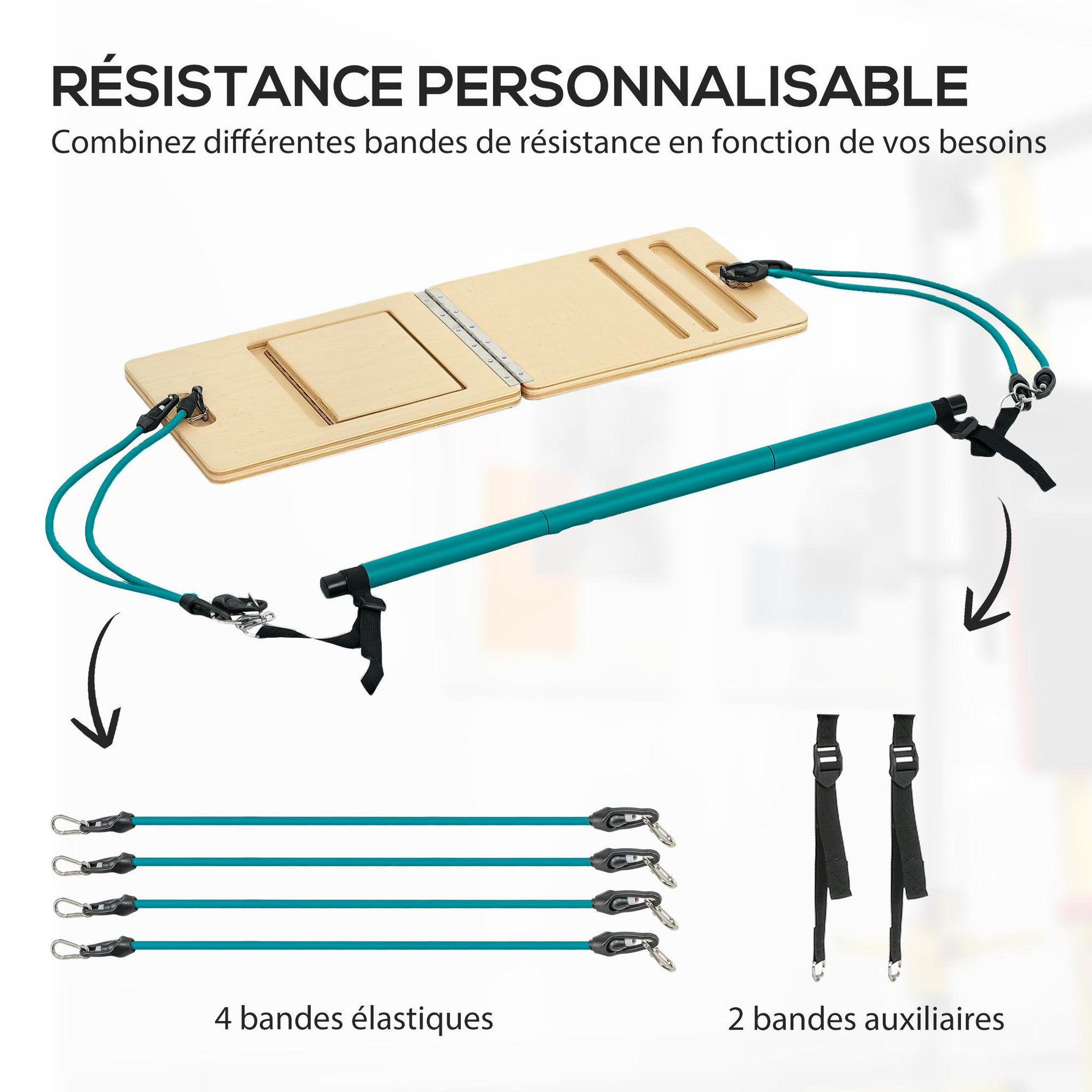 Voir la diapositive 4 : HOMCOM Ensemble pilates 8 pcs barre de pilates, planche inclinée réglable, 6 bandes de résistance