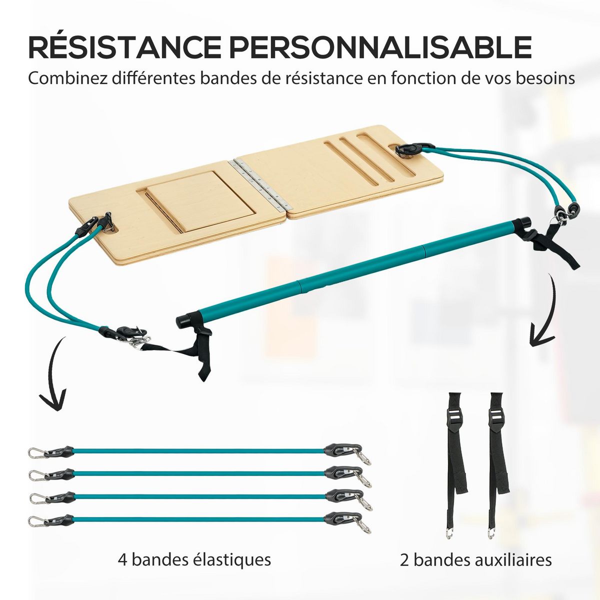 HOMCOM Ensemble pilates 8 pcs barre de pilates, planche inclinée réglable, 6 bandes de résistance