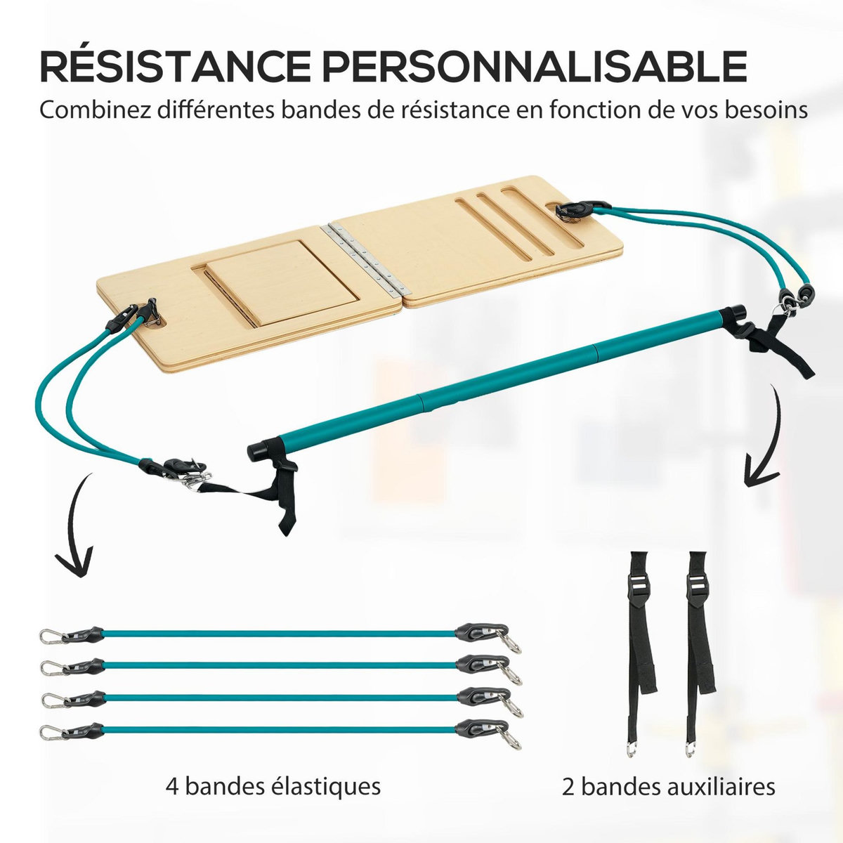 HOMCOM Ensemble pilates 8 pcs barre de pilates, planche inclinée réglable, 6 bandes de résistance