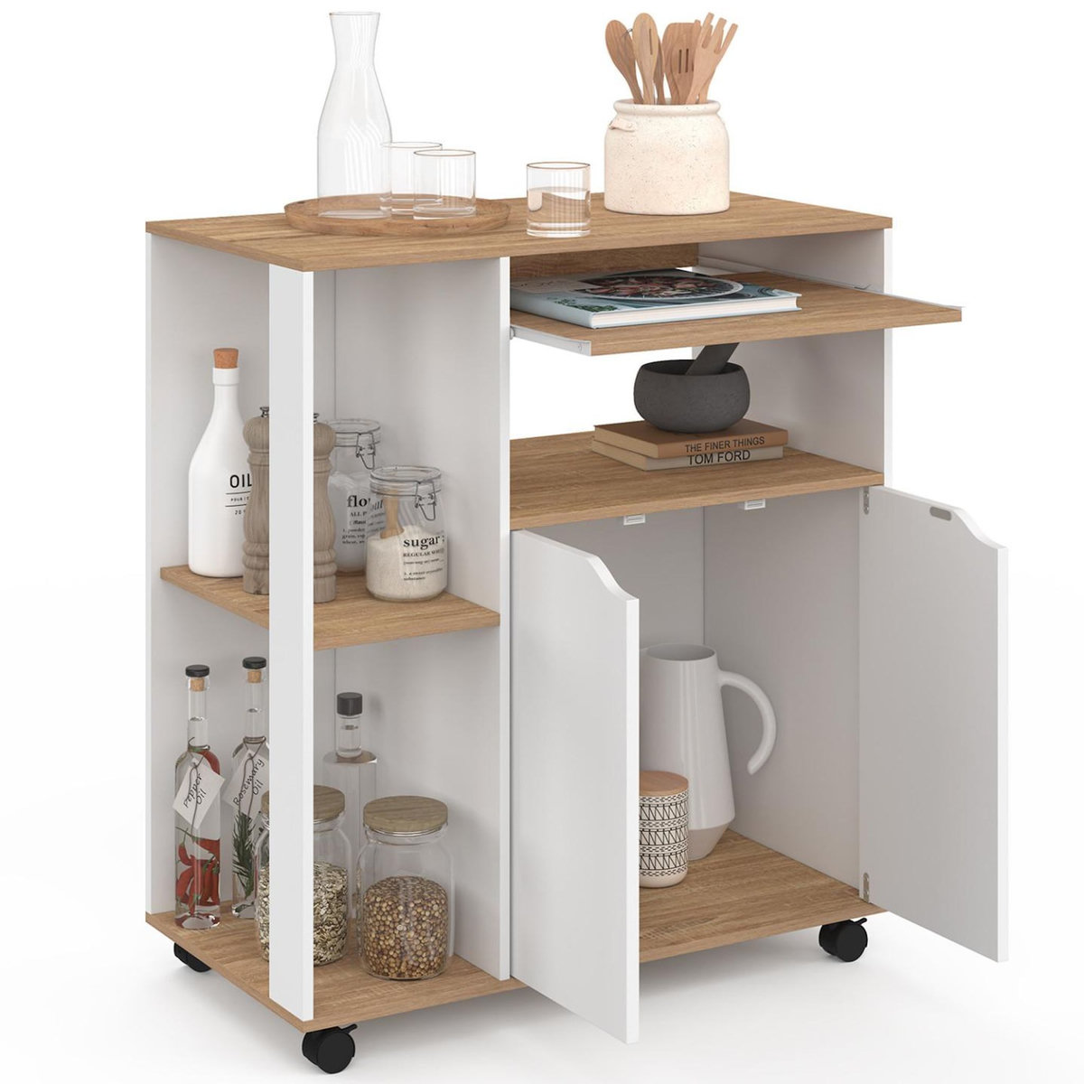 ID MARKET Desserte de cuisine COSI bois blanc et plateaux façon hêtre L.76 CM