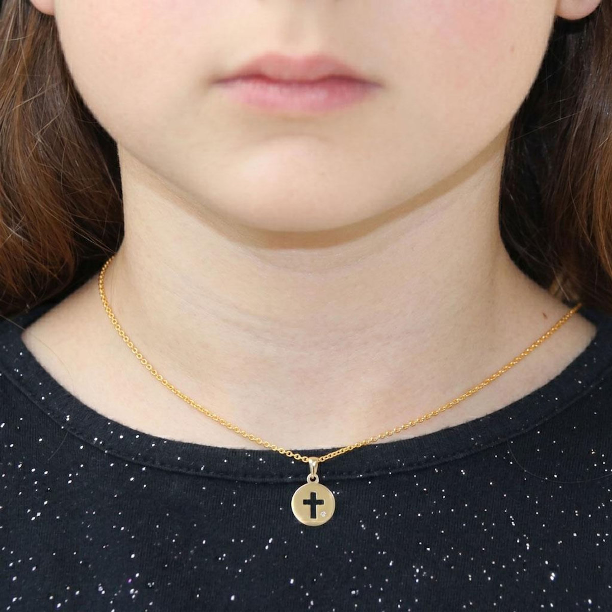 L'ATELIER D'AZUR Collier - Pendentif Or et Diamant - Médaille Croix- Femme ou Enfant
