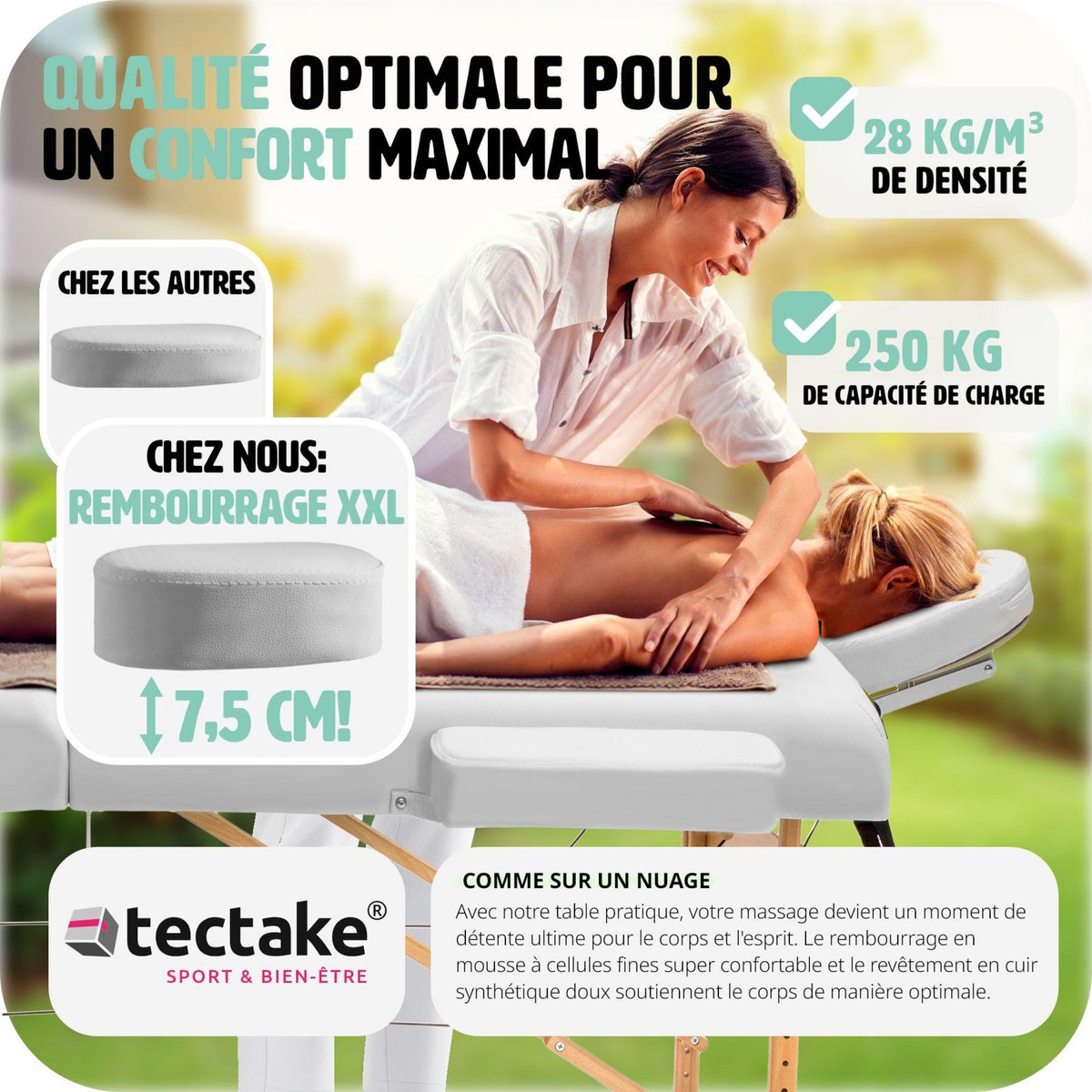 tectake Table de massage Somwang 3 zones avec rembourrage de 7,5cm et châssis en bois