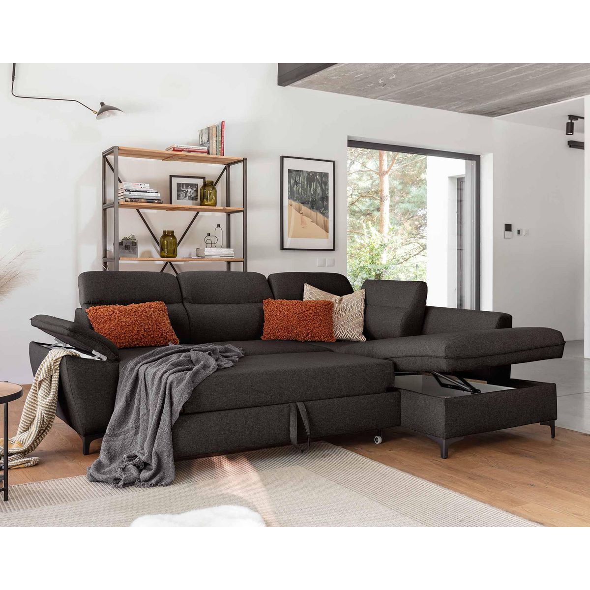 BEST MOBILIER Clever - canapé d'angle droit - 5 places - convertible avec coffre et têtières - en tissu