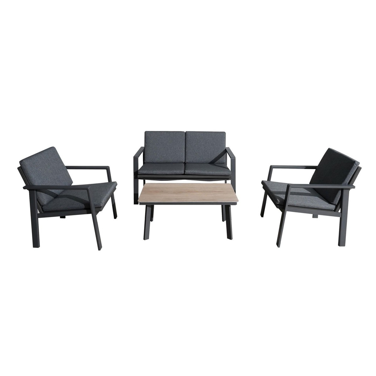 Proloisirs Set ensemble 4 pièces Sun en aluminium/SPC avec coussins - graphite/oak/gris