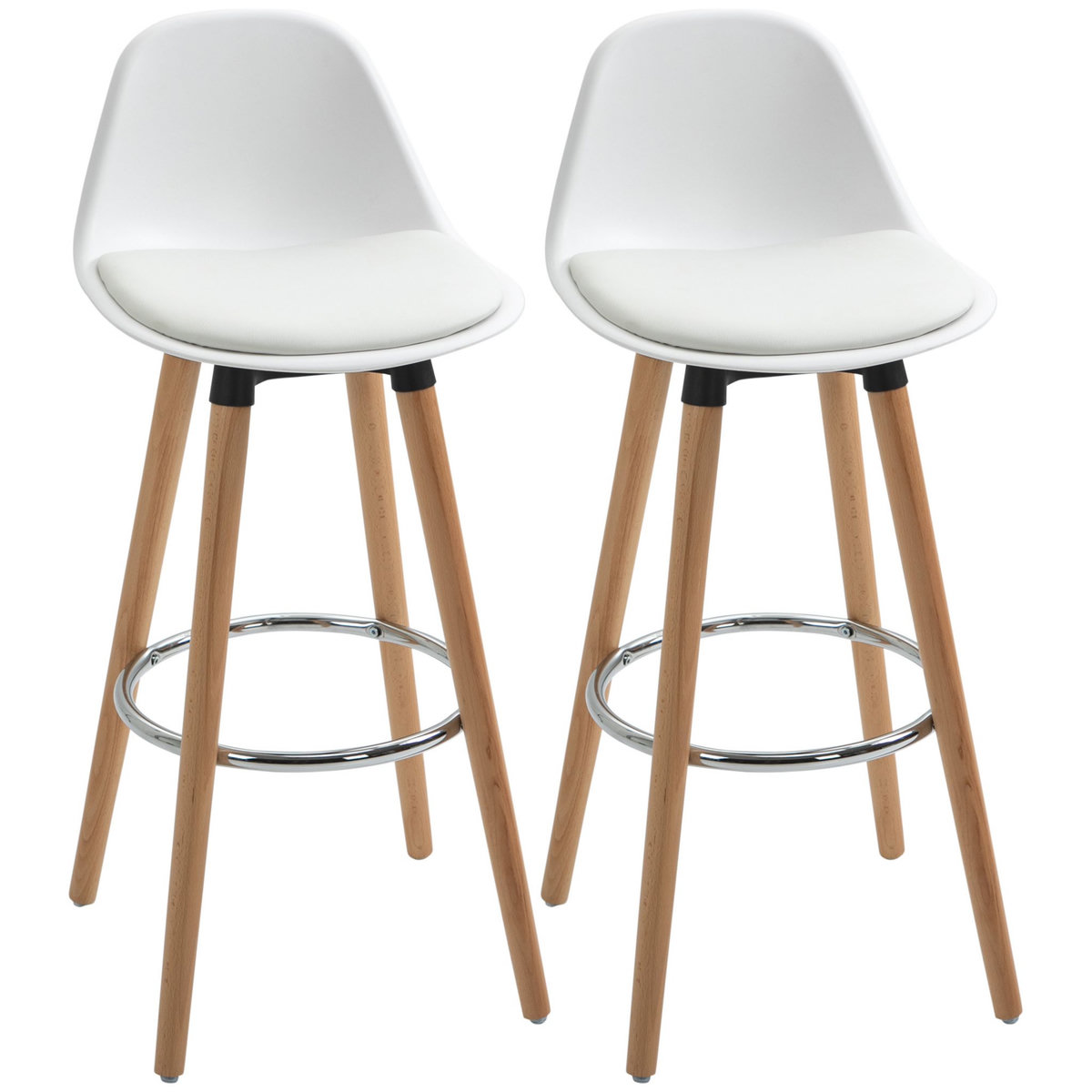 HOMCOM Tabourets de bar style scandinave - lot de 2 tabourets de bar avec repose-pieds - piètement bois de hêtre assise PU blanc