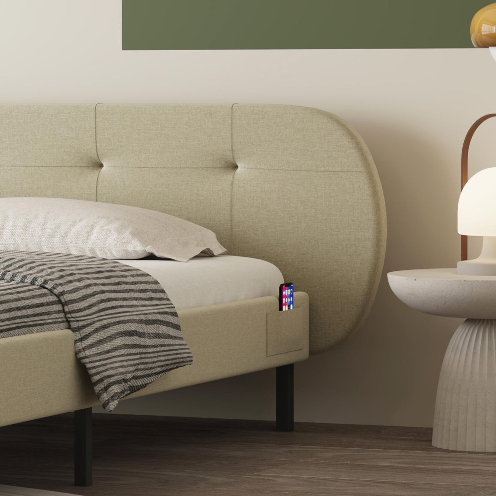Voir la diapositive 4 : CONCEPT USINE Lit capitonné 140x190cm beige avec tête de lit et sommier tulsa