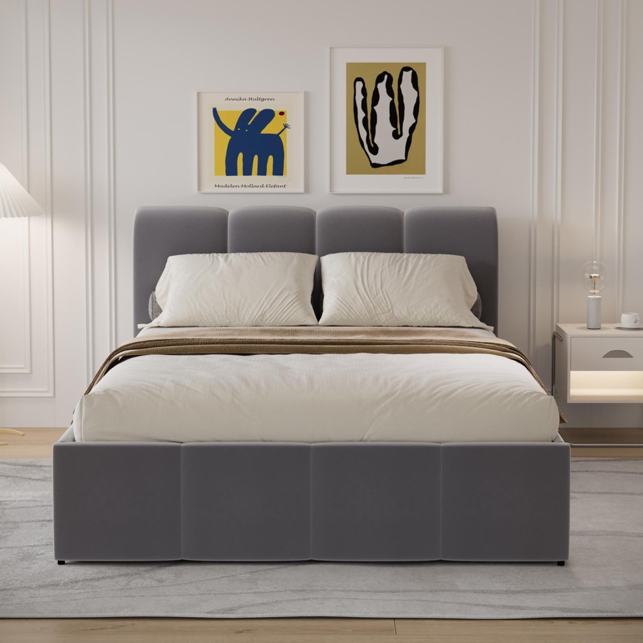 Voir la diapositive 3 : CONCEPT USINE Lit coffre style nuage led 140x190cm velours gris baltimore