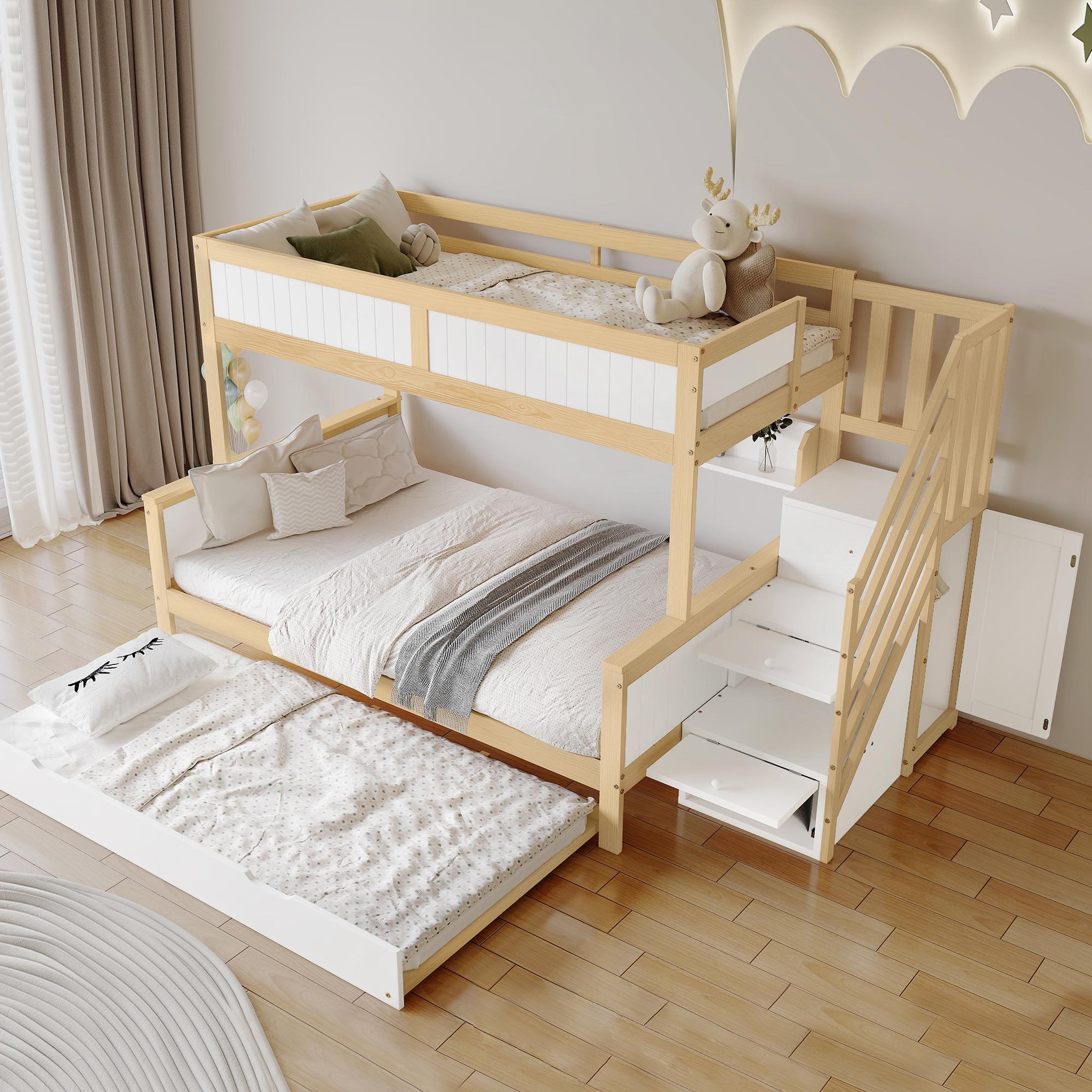 Voir la diapositive 5 : MERAX Lit superposé 90x200cm bois et mdf coloris blanc+naturel