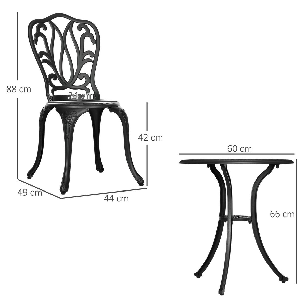 OUTSUNNY Ensemble salon de jardin 2 places avec table ronde style rétro fonte alu noir