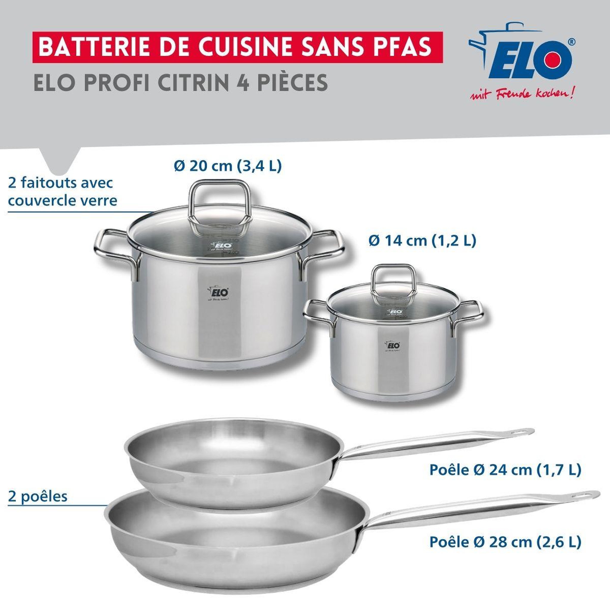 Voir la diapositive 2 : ELO Set de 2 Poêles de cuisson 24 et 28 cm et 2 faitouts 14 et 20 cm Elo Profi Citrin