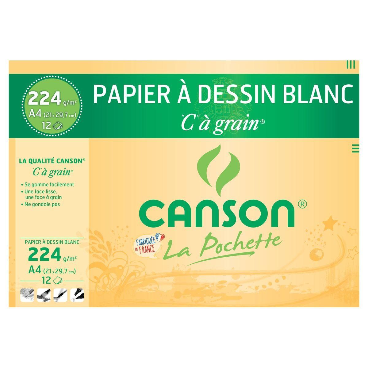 CANSON Pochette papier à dessin blanc 12 feuilles A4 à grain 224g