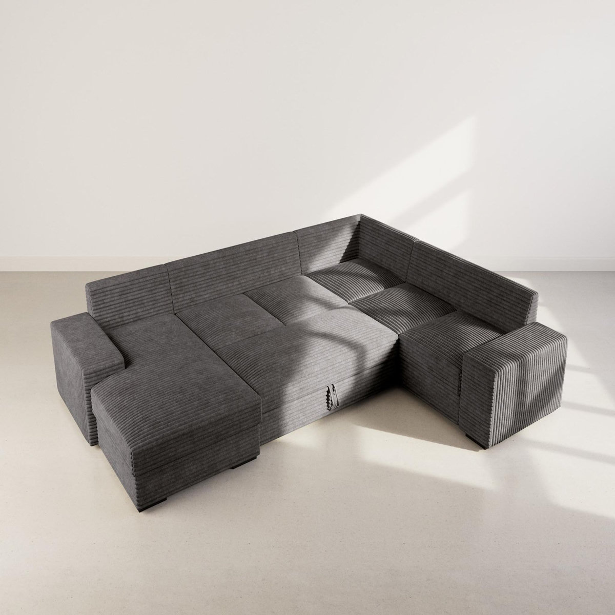 BEST MOBILIER Lorie - canapé panoramique d'angle droit 7 places convertible en velours côtelé grosse côte avec coffre