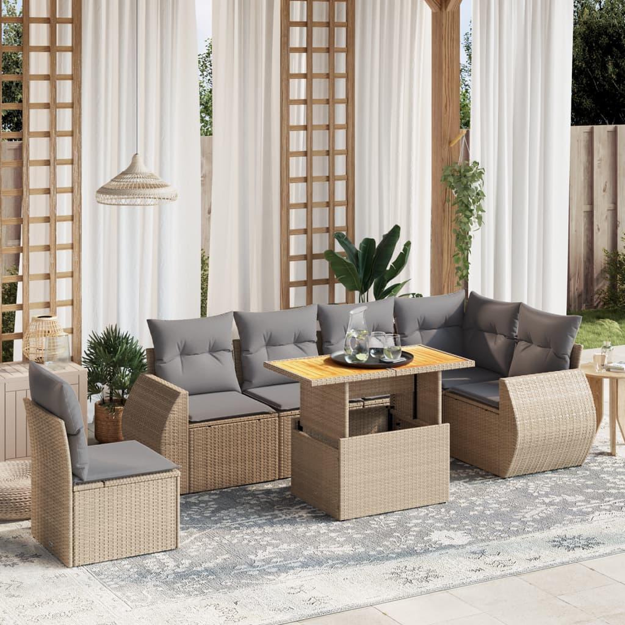 VIDAXL Salon de jardin avec coussins 7 pcs beige resine tressee