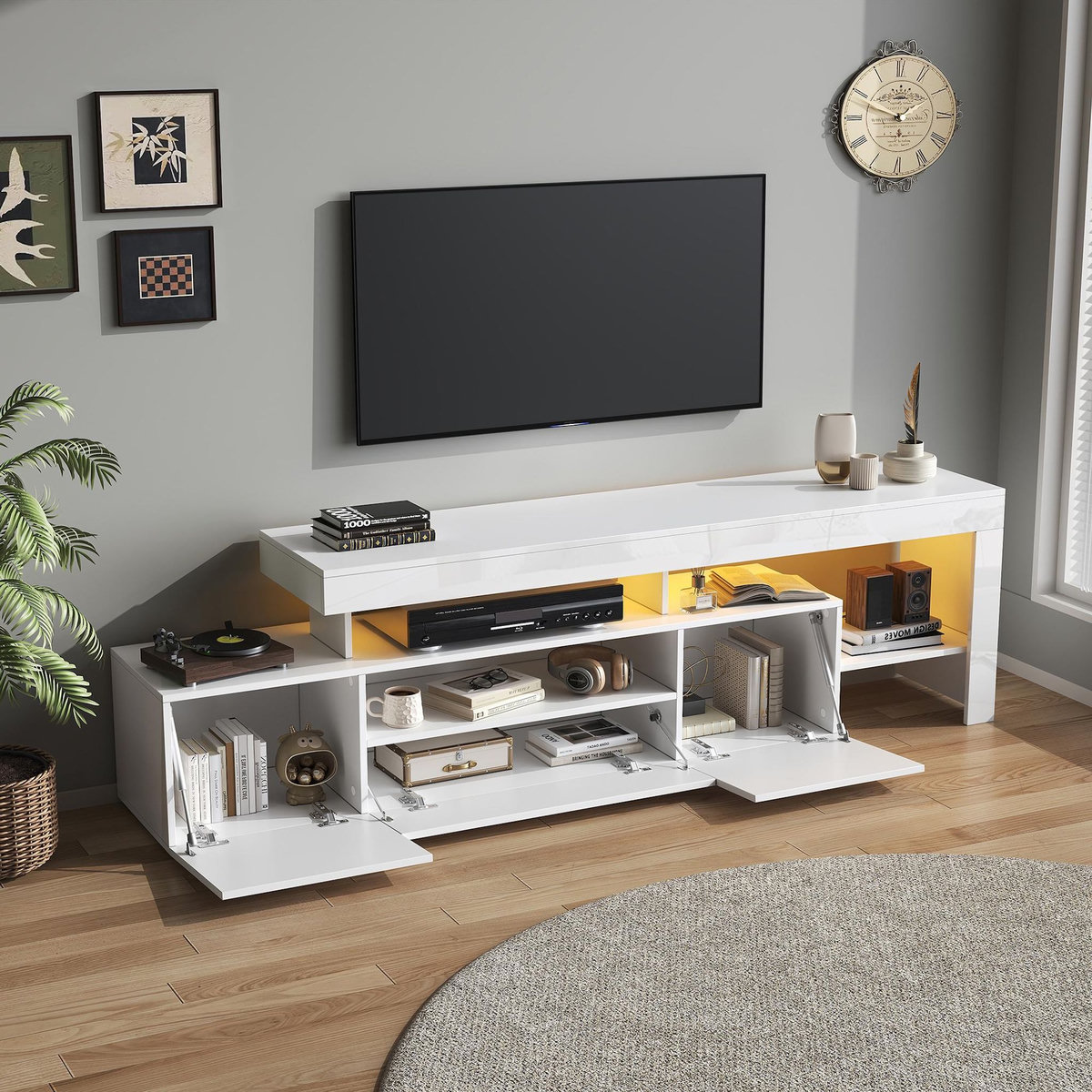 MERAX Meuble tv blanc 192 cm led panneau de particules