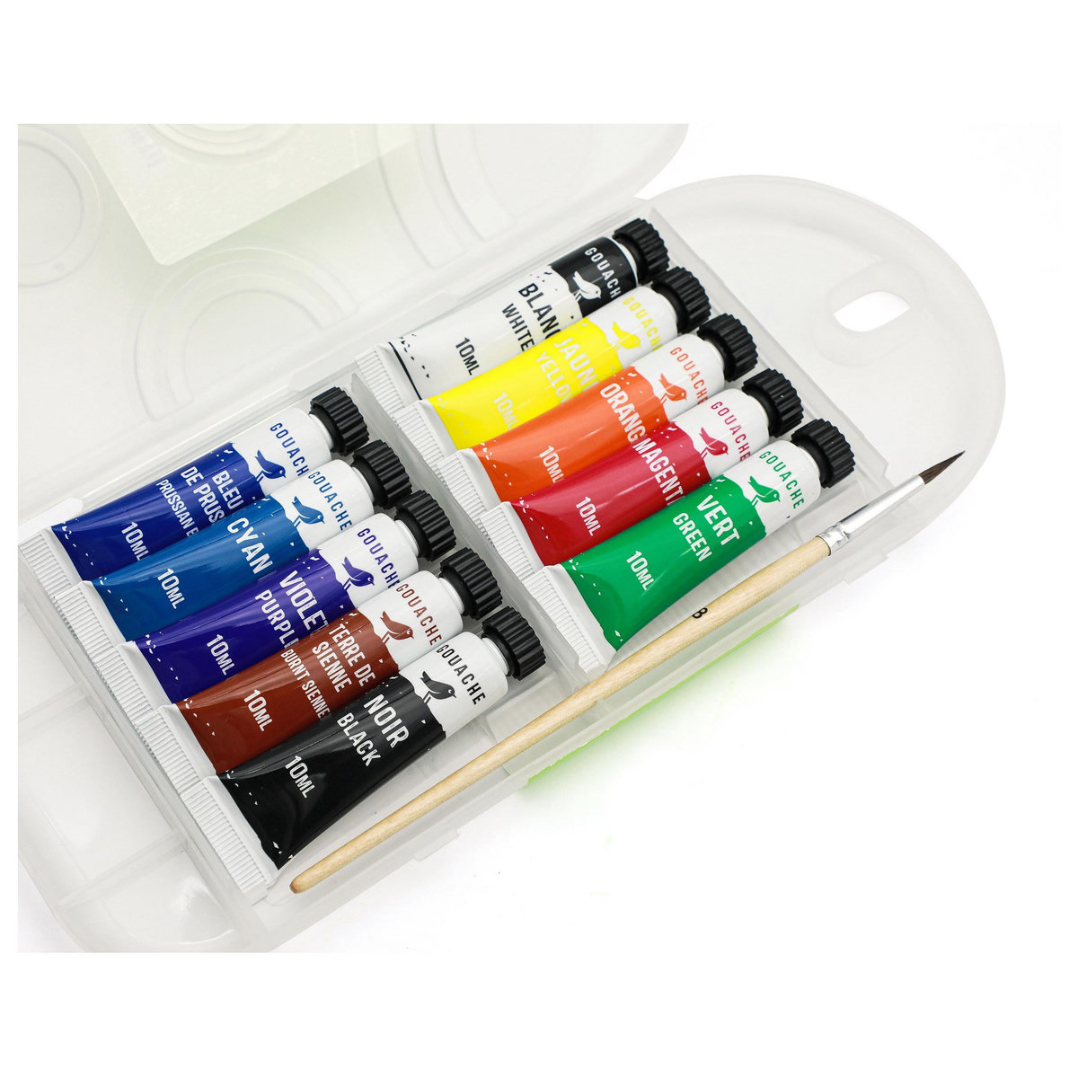 AUCHAN Boite de 10 tubes de gouache 10 ml avec pinceau rond N8