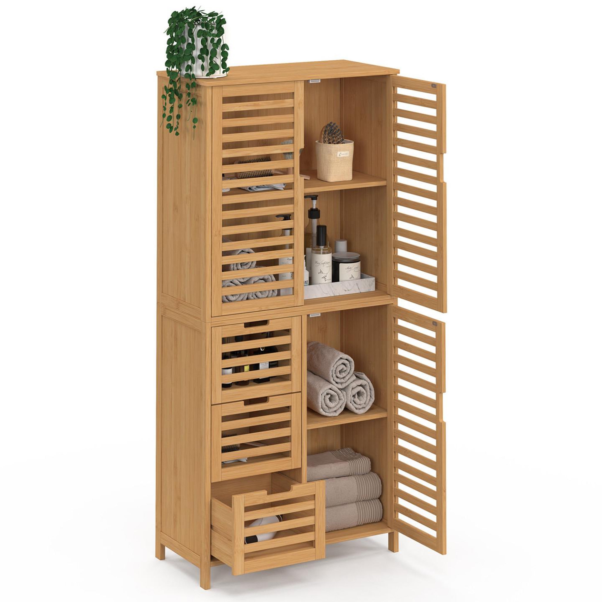 Voir la diapositive 4 : ID MARKET Meuble armoire colonne salle de bain bambou BEA 3 portes et 3 tiroirs