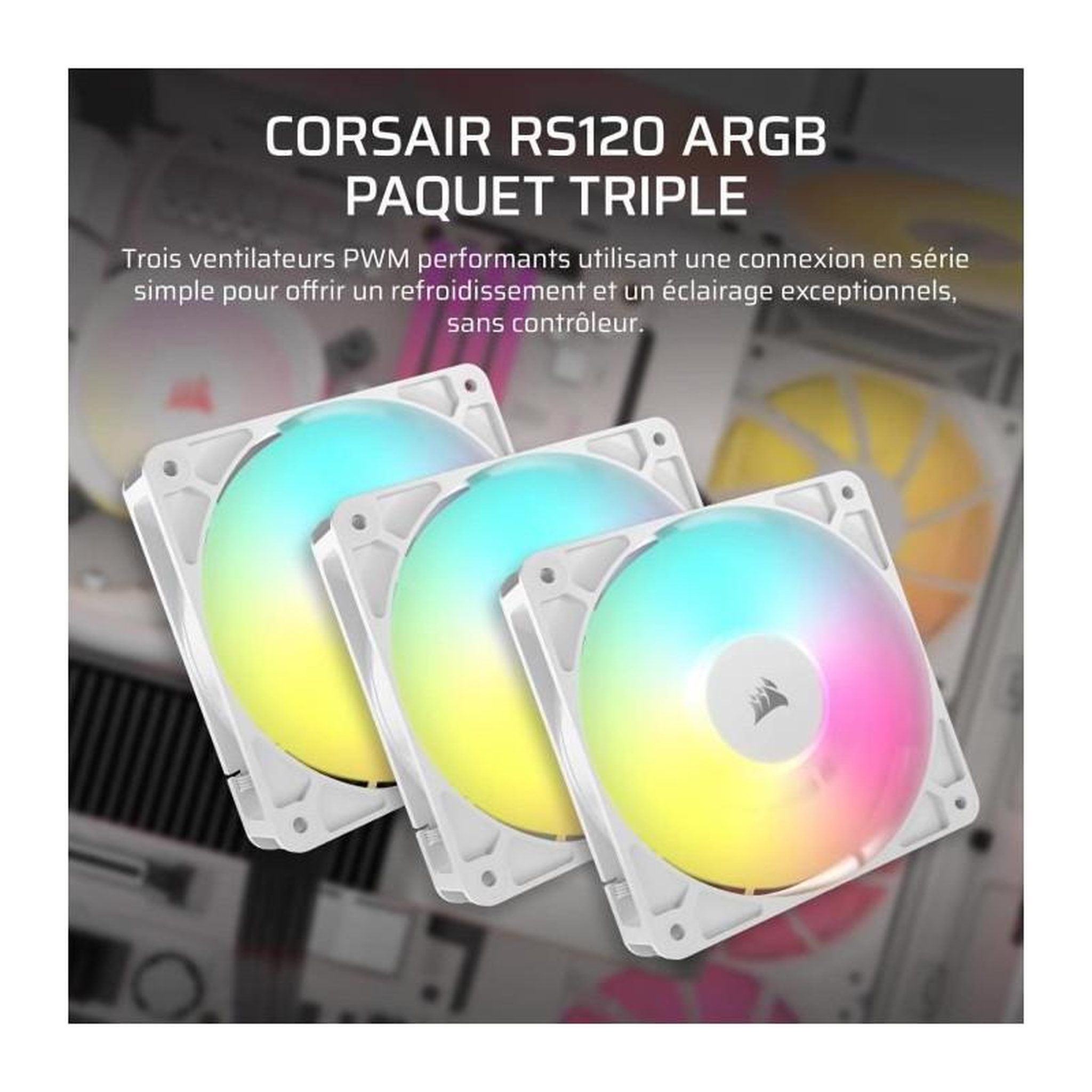Voir la diapositive 2 : Corsair Pack de 3 ventilateurs ARGB 120mm - CORSAIR - RS120 - Blanc