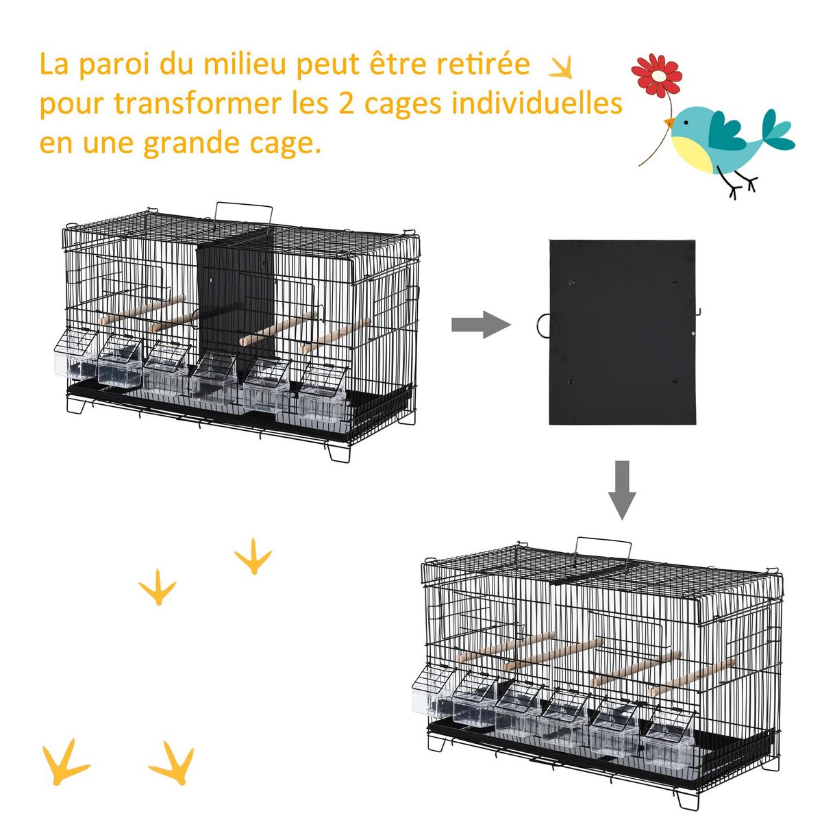 PAWHUT PawHut Cage à oiseaux dim. 59,5L x 29,8I x 35,3H cm mangeoires perchoirs 4 portes plateau excrément amovible + poignée transport métal PP noir
