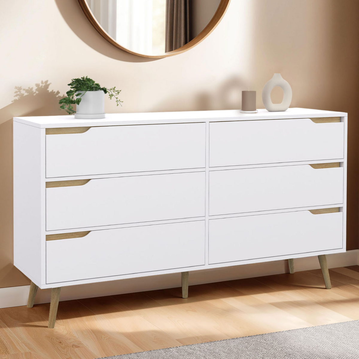 ID MARKET Commode 6 tiroirs HELSINKI XXL 140 cm scandinave blanc