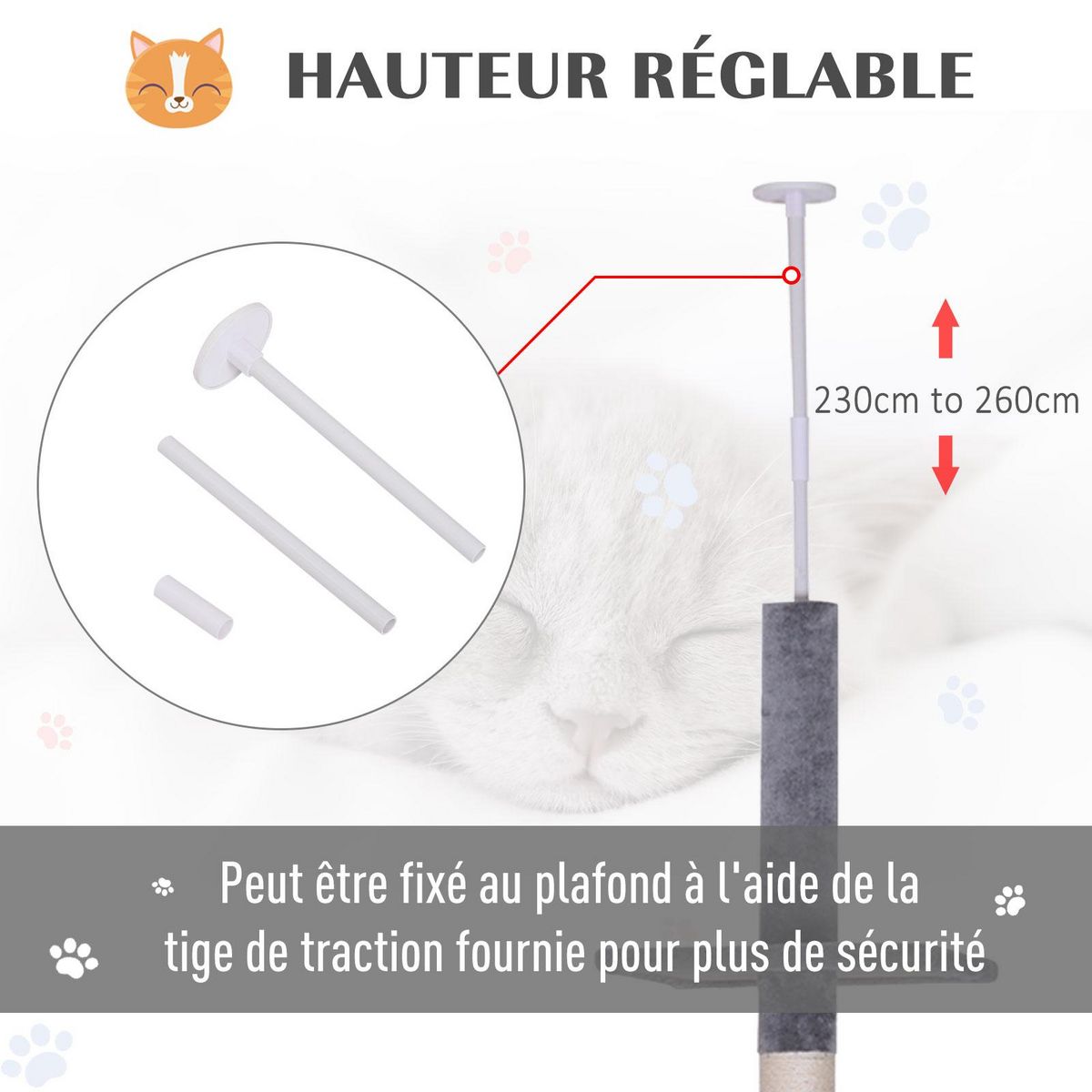 PAWHUT Arbre à chat poteau à griffer L40 x l 34 x H 230-260 cm 5 niveaux d'activités gris