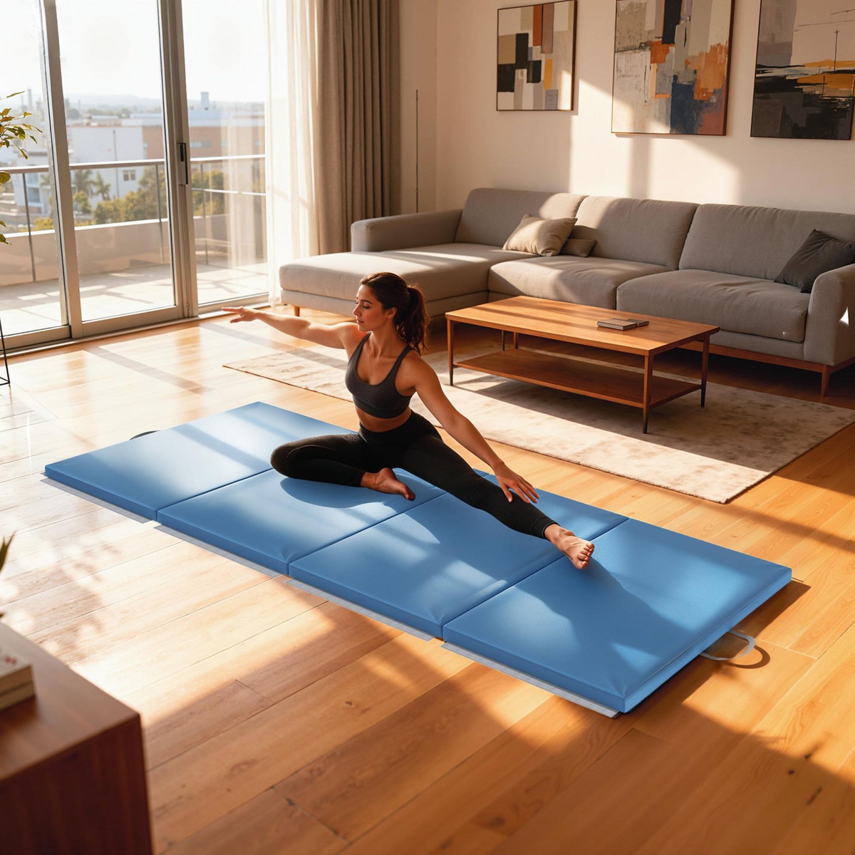 HOMCOM Tapis de gym yoga fitness pliable - poignée - revêtement synthétique - bleu
