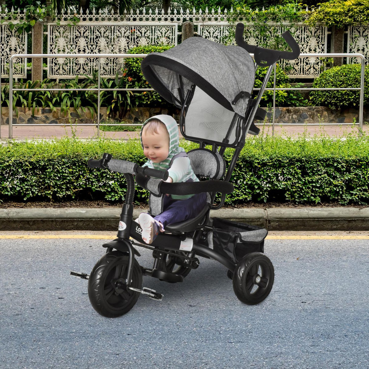 HOMCOM Tricycle enfant évolutif pare-soleil pliable canne  télescopique amovible 92 x 51 x 110 cm acier gris noir