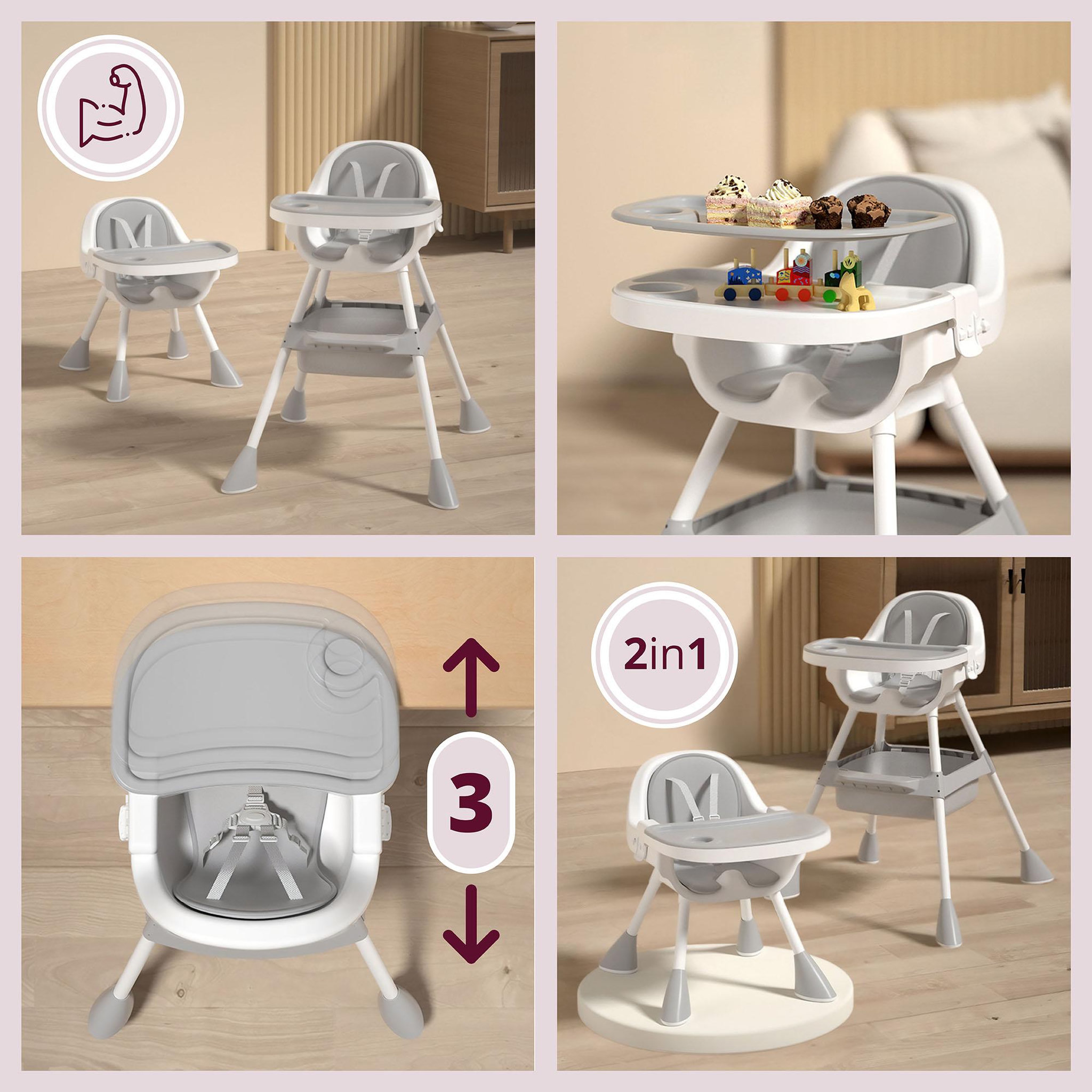 Voir la diapositive 4 : MOBY SYSTEM Chaise Haute Bébé Réglable 2en1 - Moby-System - Magnolia - Plateau Double - Coussin Similicuir