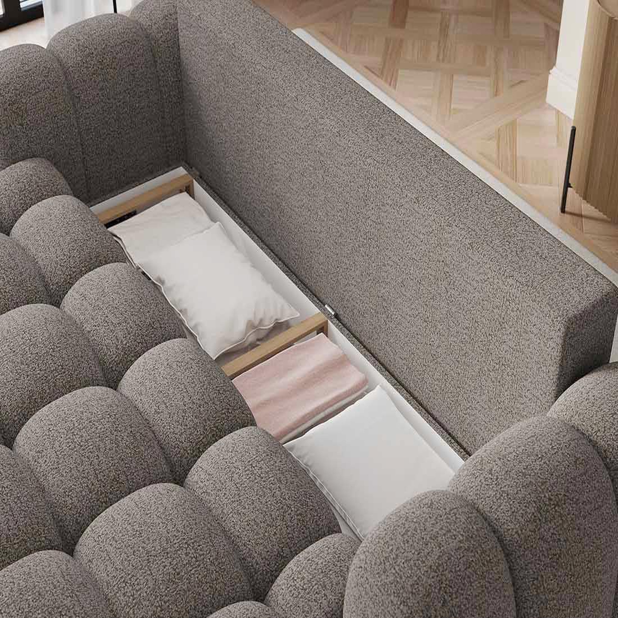 Voir la diapositive 3 : BEST MOBILIER Dorian - canapé droit 3 places convertible avec coffre en tissu bouclette