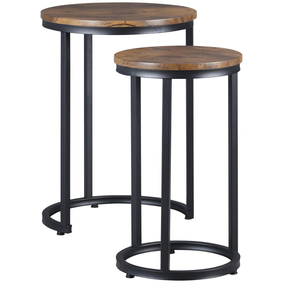HOMCOM Lot de 2 tables basses gigognes rondes design industriel métal noir aspect vieux bois