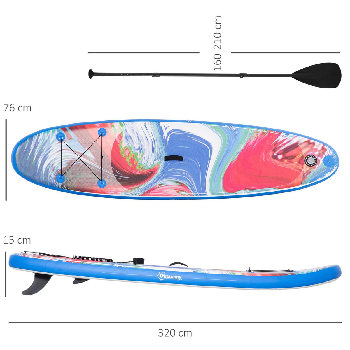 OUTSUNNY Stand up paddle gonflable surf planche de paddle pour adulte dim. 320L x 76l x 15H cm nombreux accessoires fournis PVC bleu rouge