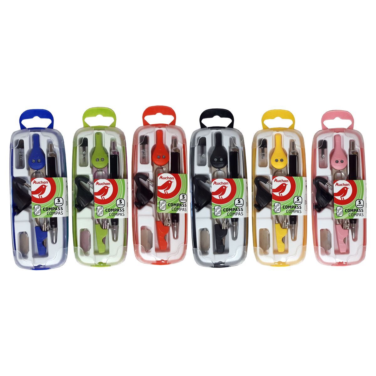 AUCHAN Coffret compas à bague et à mine métal 5 pièces rouge