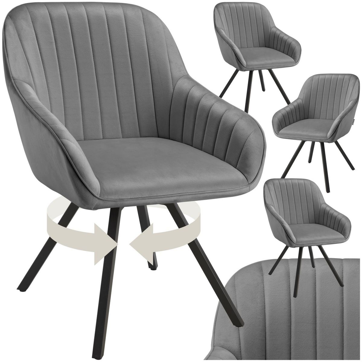 tectake Chaise pivotante avec accoudoirs rembourrée aspect velours gris Lot de 4