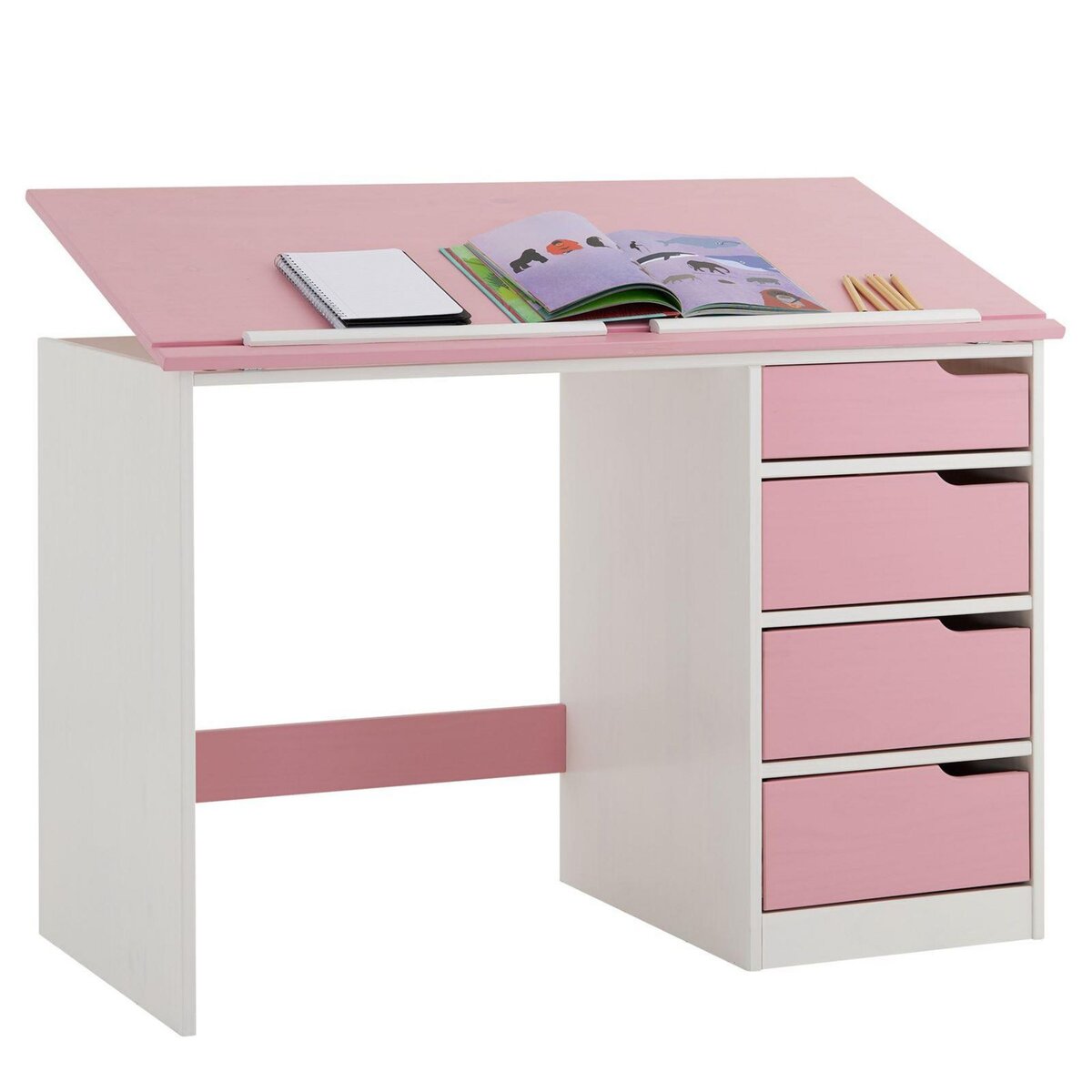 IDIMEX Bureau enfant écolier junior EMMA pupitre inclinable avec 4 tiroirs en pin massif, lasuré blanc et rose
