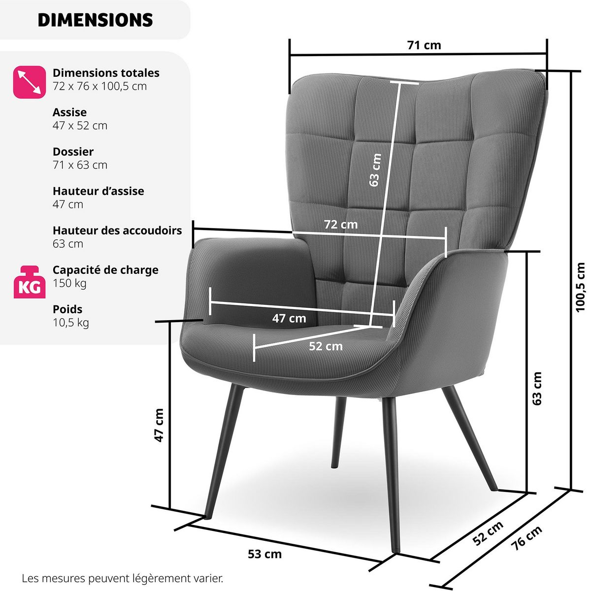 tectake Fauteuil rembourré Velours côtelé fin anthracite/noir