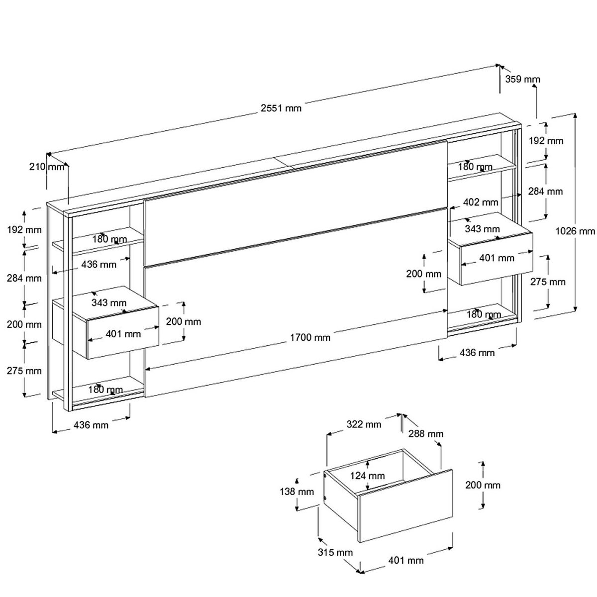 Tête de lit pour lit 140 ou 160 cm avec rangements PAM