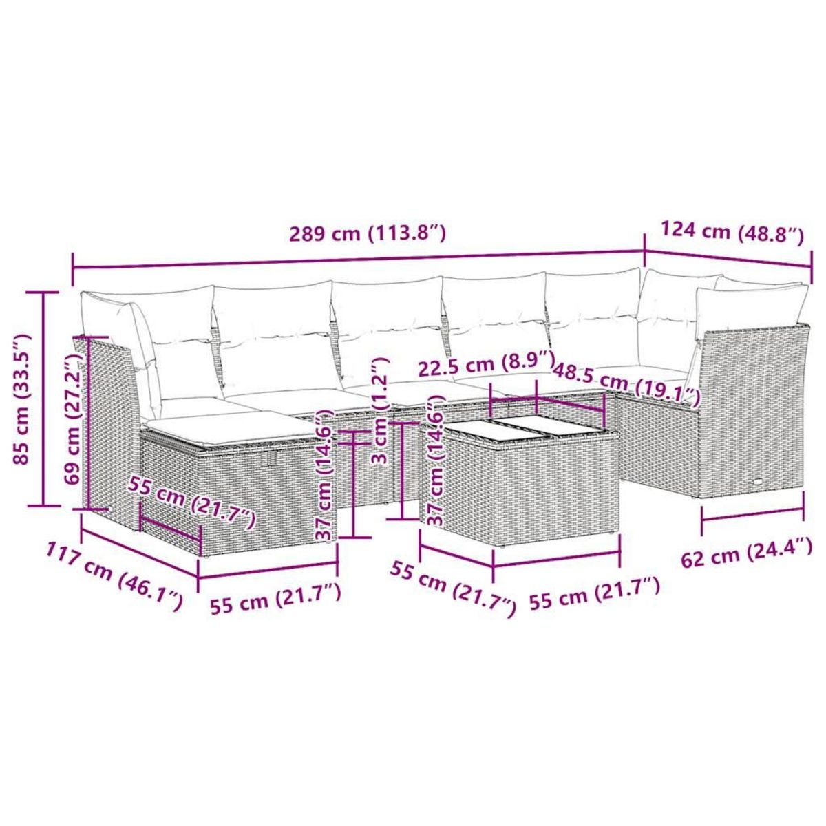 VIDAXL Salon de jardin 8 pcs avec coussins gris clair resine tressee