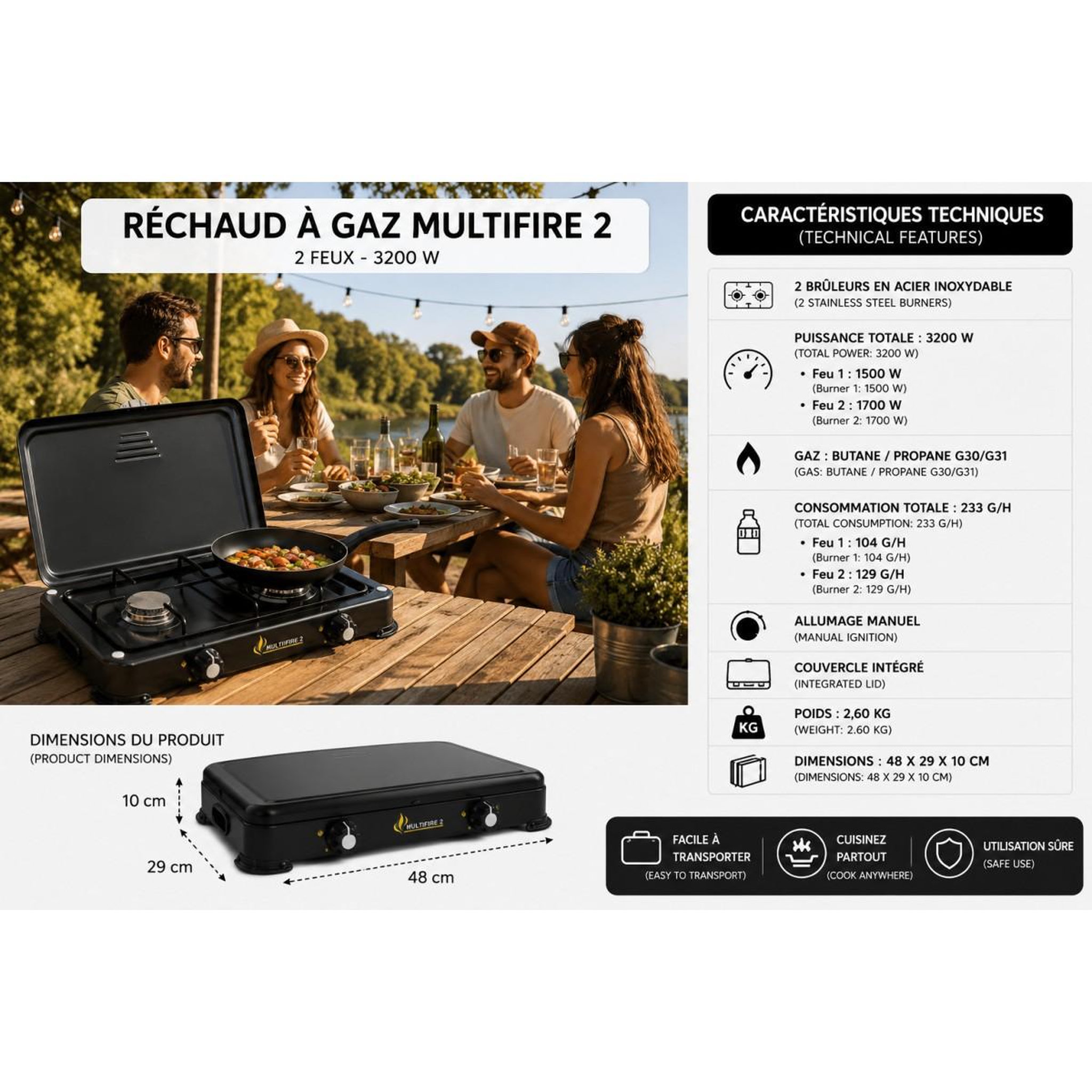 Voir la diapositive 2 : INTEC Réchaud à gaz portable 2 feux 3200W Brûleurs Inox - Plaque de cuisson gaz Butane ou Propane Design Noir INTEC