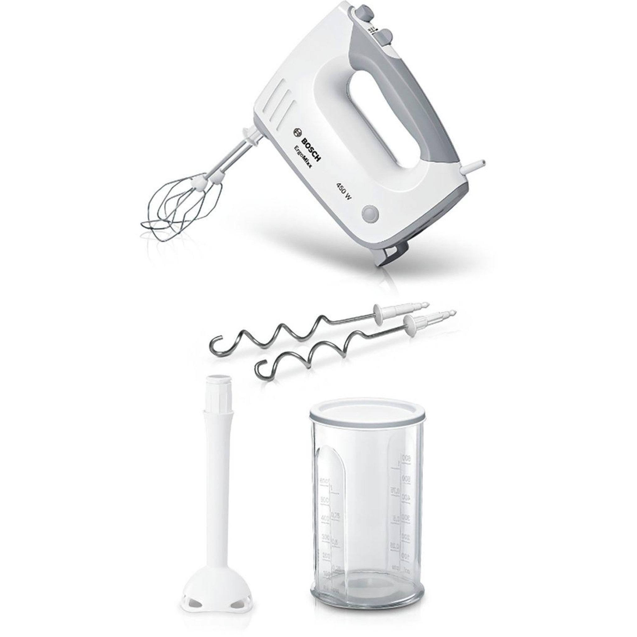Voir la diapositive 2 : BOSCH Batteur Blanc/Gris MFQ36440