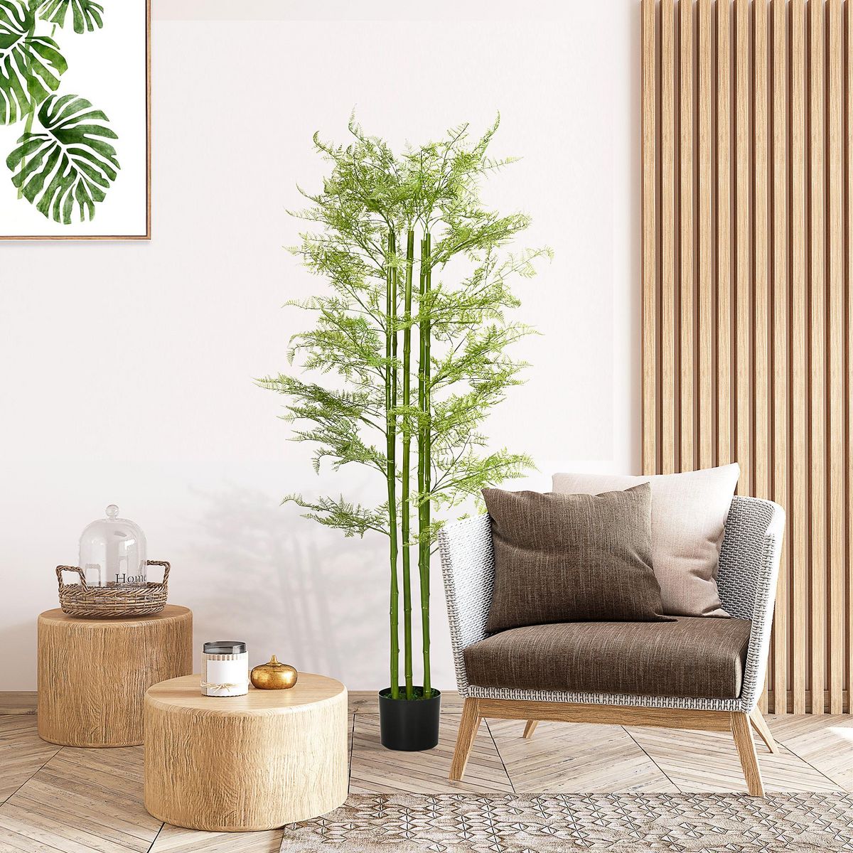 HOMCOM Plante artificielle aspect haute fougère H. 155 cm 28 feuilles denses réalistes pot inclus noir avec lichen vert