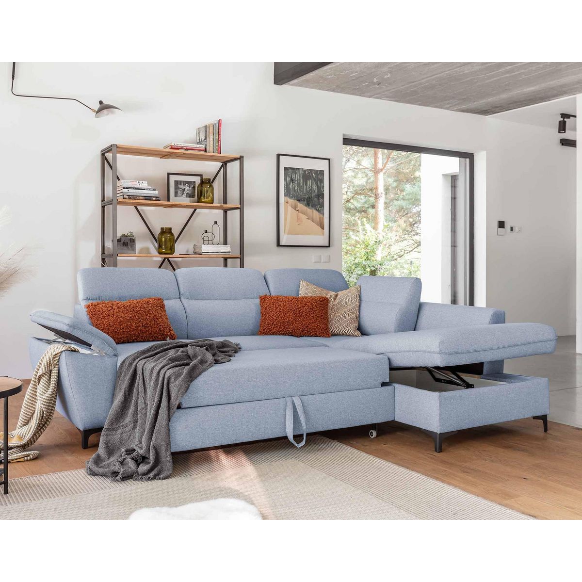 BEST MOBILIER Clever - canapé d'angle droit - 5 places - convertible avec coffre et têtières - en tissu