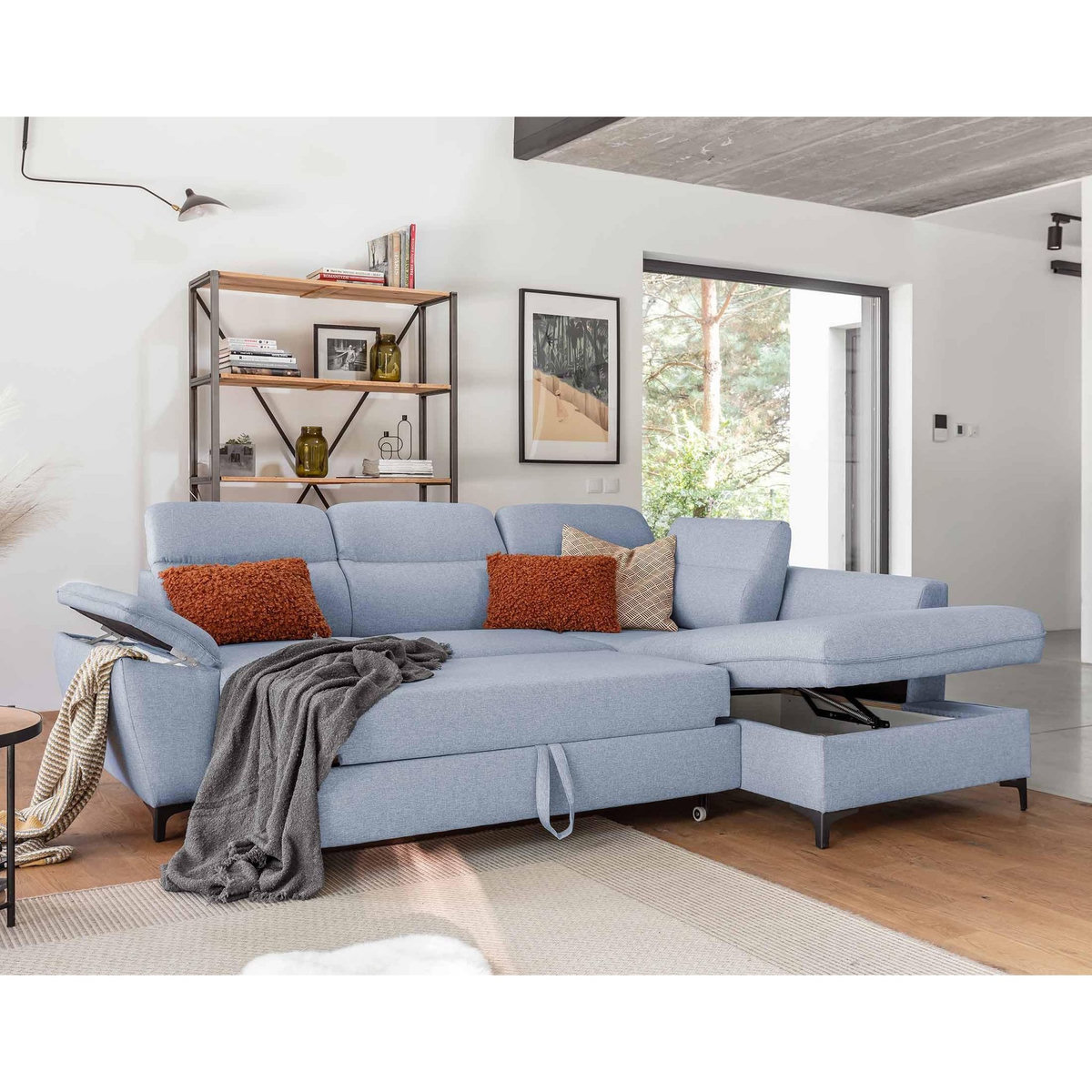 BEST MOBILIER Clever - canapé d'angle droit - 5 places - convertible avec coffre et têtières - en tissu