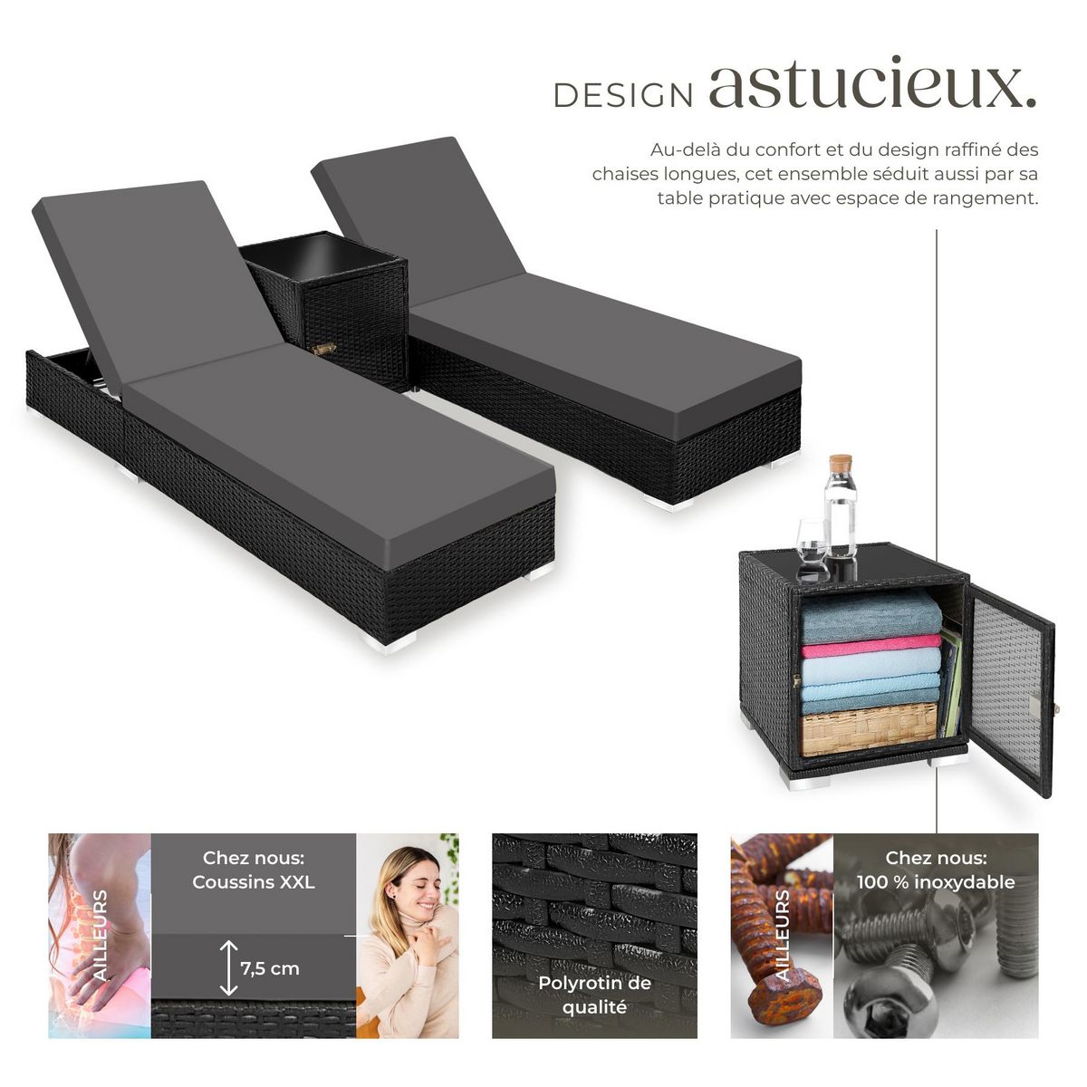 tectake Lot de 2 bains de soleil design luxueux avec cadre en aluminium noir