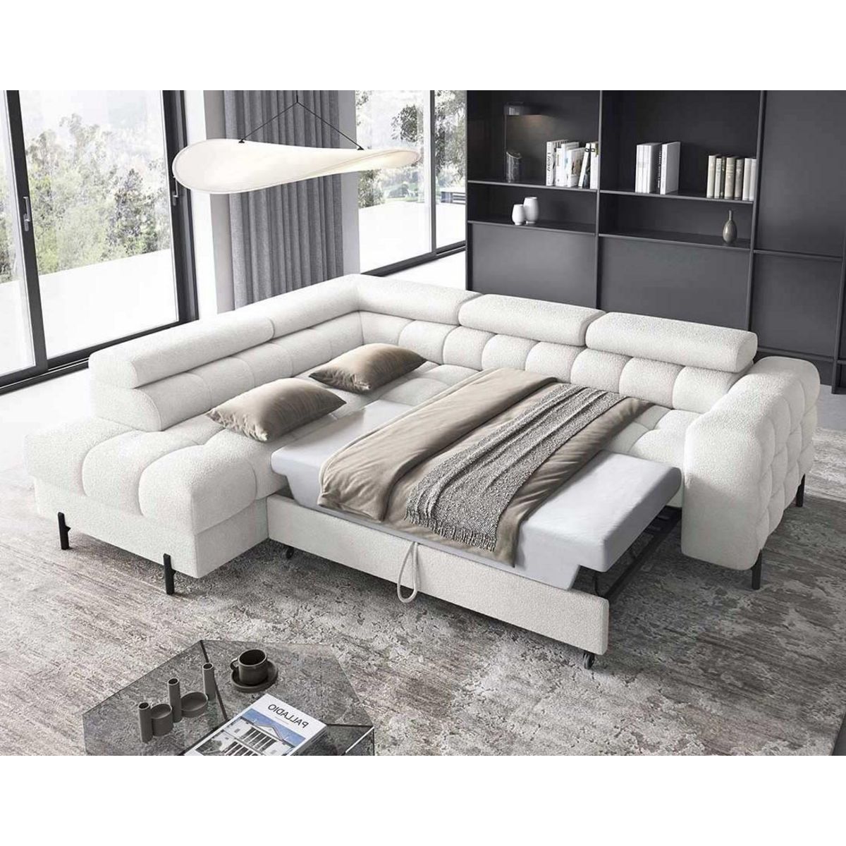 BEST MOBILIER Elisa - canapé d'angle gauche 5 places convertible avec coffre et têtières réglables en tissu bouclette