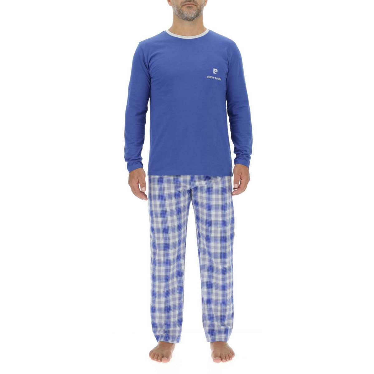 PIERRE CARDIN Ensemble Pyjama long homme en popeline à carreaux et Logo poitrine