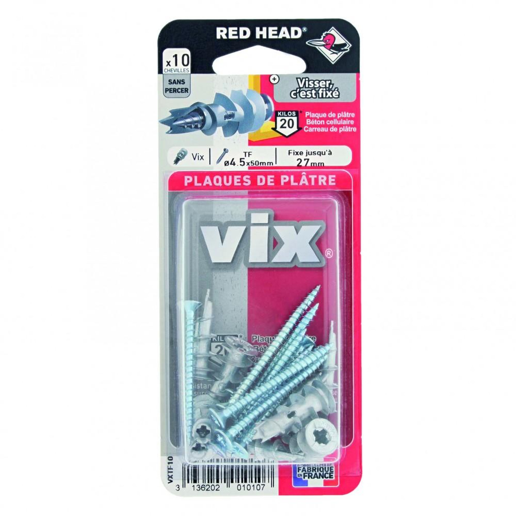 RED HEAD Lot de 10 chevilles et vis à visser vix RED HEAD, Diam.12 x L.30 mm