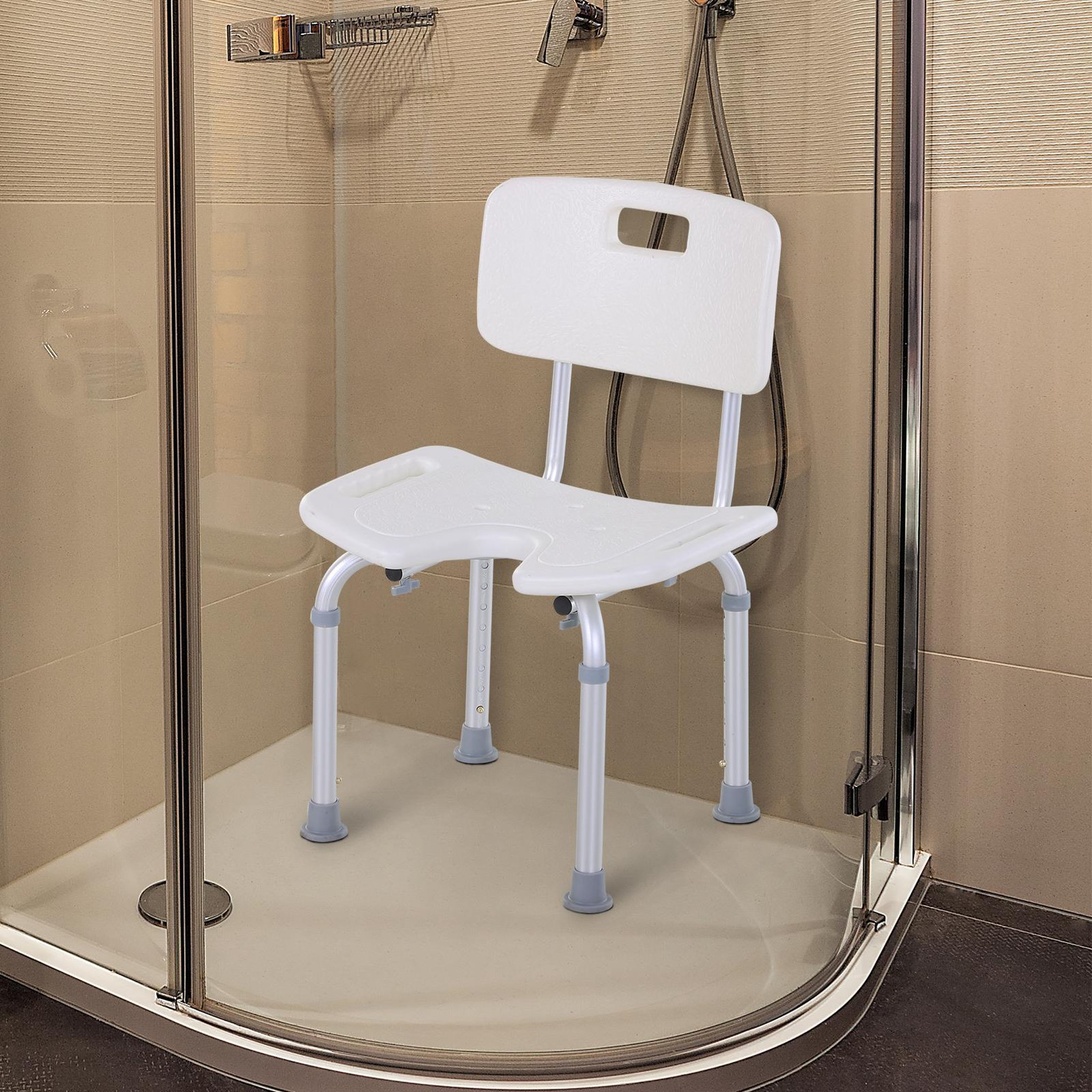 Voir la diapositive 2 : HOMCOM Chaise de douche siège de douche ergonomique hauteur assise réglable pieds antidérapants charge max. 136 kg alu hdpe blanc